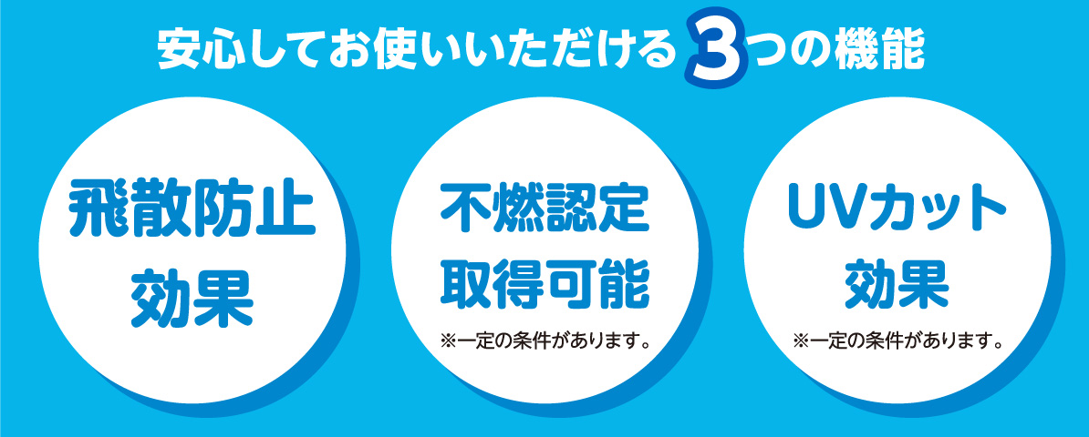 安心してお使いいただける3つの機能(飛散防止、不燃認定取得可能、UVカット効果)